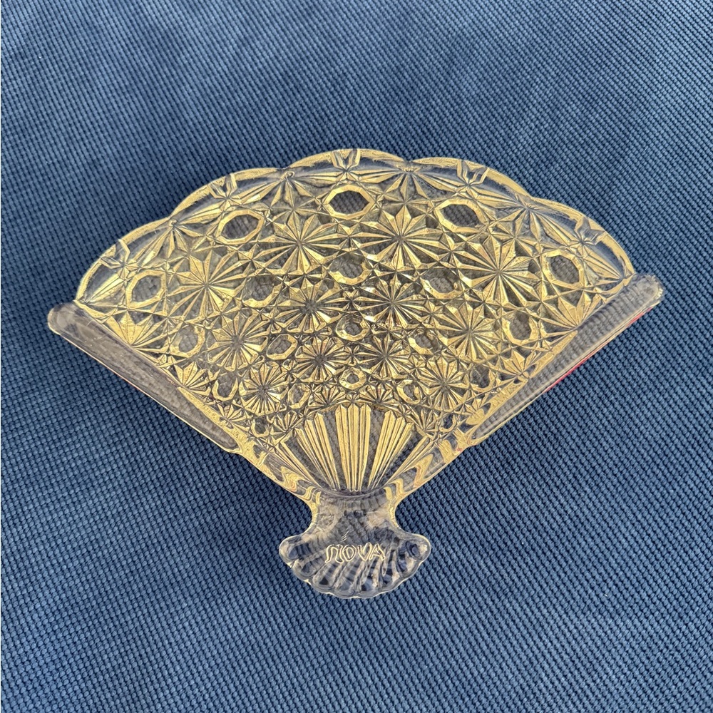 set of 2 Vintage AVON Hostess Fancy Fan Soap Dish, Glass Fan Tray, Vanity Tray